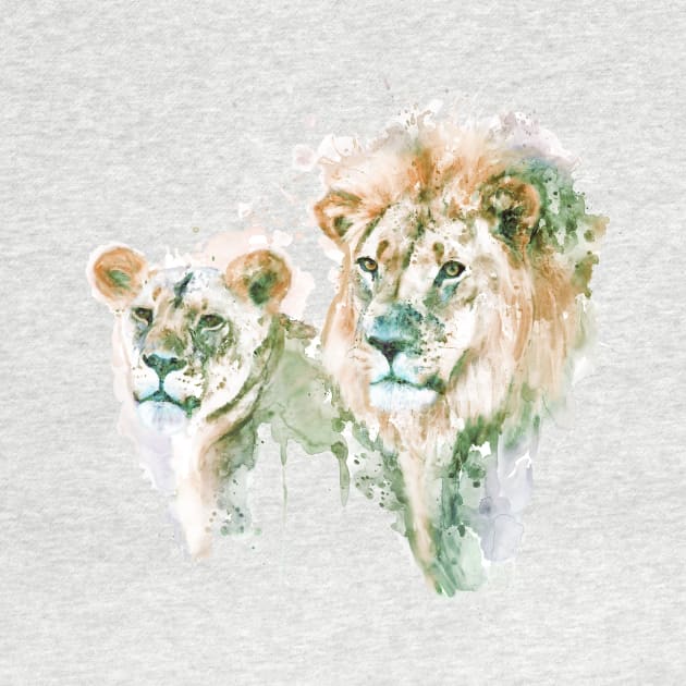 Lion Couple Watercolor Portrait by Marian Voicu
